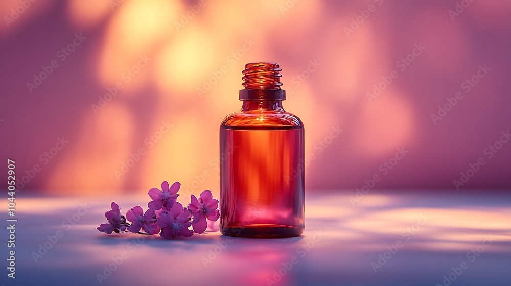 Small amber glass bottle of essential oil with purple flowers in front of a blurred background of warm orange and pink sunset light. Small amber glass bottle of essential oil with purple flowers in front of a blurred background of warm orange and pink sunset light.