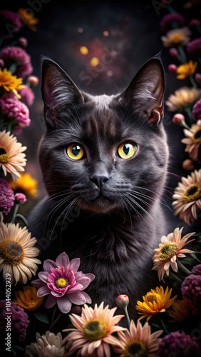 A black cat with striking yellow eyes framed by vibrant flowers in a garden setting. Generative AI photo