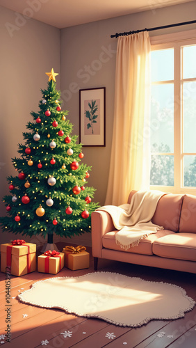 Cozy Christmas Living Room: Festive Tree, Presents, and Modern Decor for Holiday Marketing and Home Staging