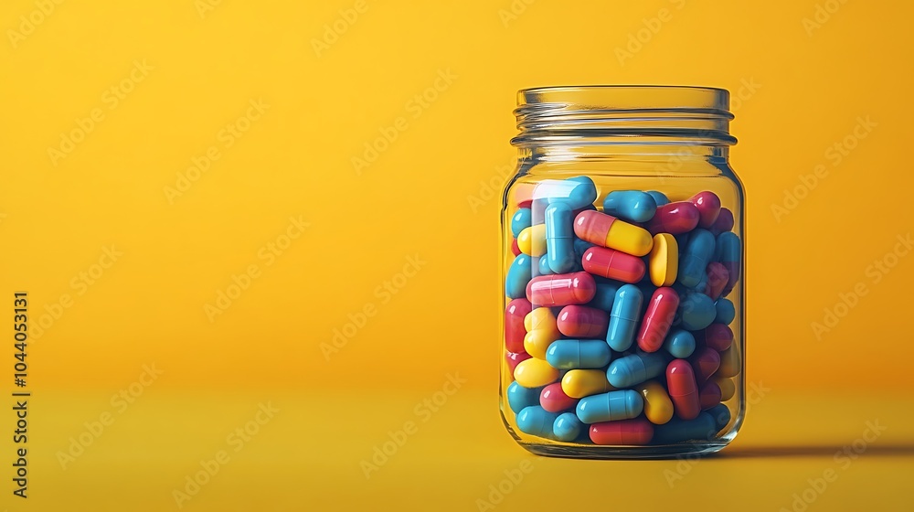 Colorful capsules in a glass jar on a yellow background. Colorful capsules in a glass jar on a yellow background.