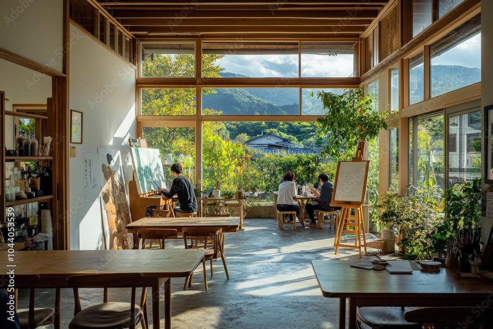 Fototapeta premium A spacious art studio with large windows looking out to a lush green landscape.
