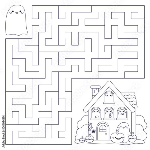 Halloween maze labyrinth game for kids. Coloring page. Help the ghost find right way to haunted house. Cute kawaii characters. Children's educational game. Vector illustration.