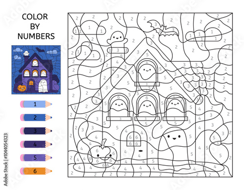 Color by number. Haunted mansion with cute ghosts. Halloween pumpkin. Education game for children. Coloring page. Printable activity sheet. Vector illustration.