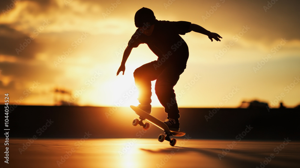 A young skateboarder performing a trick against a vibrant sunset backdrop A young skateboarder performing a trick against a vibrant sunset backdrop