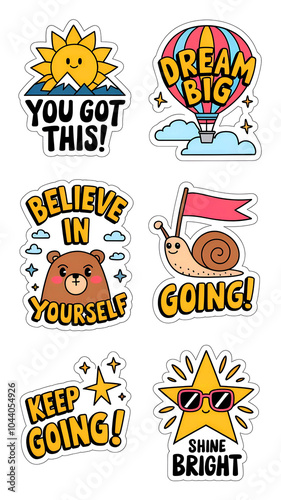 Uplifting motivational sticker collection with whimsical designs and empowering phrases on a white background