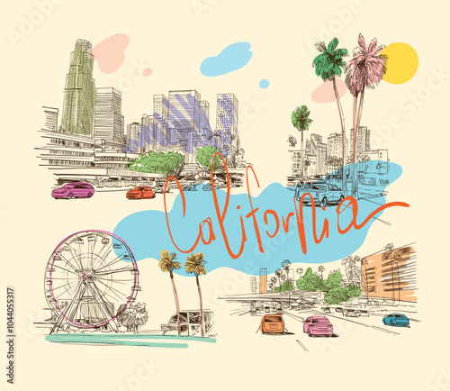 Set of California, USA landmarks and buildings. Hand drawn vector illustration art. 