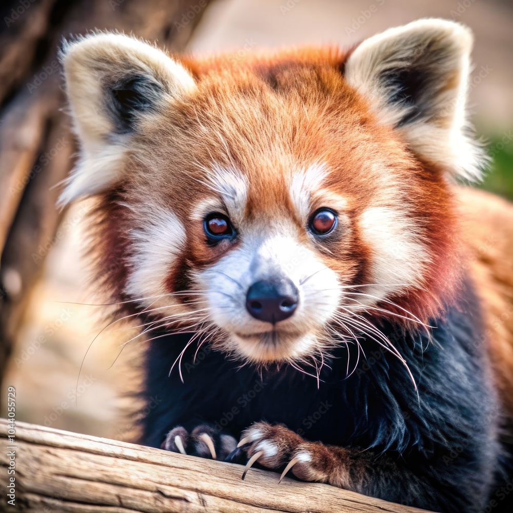 Charming red panda climbing on natural wood during sunny afternoon. Generative AI Charming red panda climbing on natural wood during sunny afternoon. Generative AI