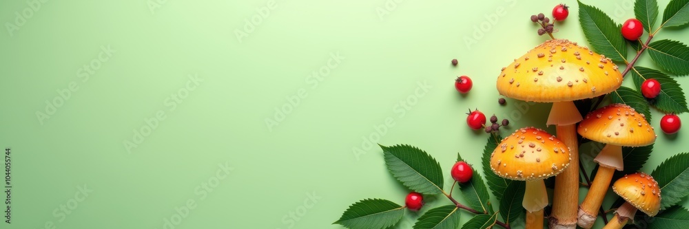 Vibrant mushrooms with red berries and green leaves against a soft green background, perfect for autumn-themed projects, nature-inspired designs, or culinary creations. Vibrant mushrooms with red berries and green leaves against a soft green background, perfect for autumn-themed projects, nature-inspired designs, or culinary creations.
