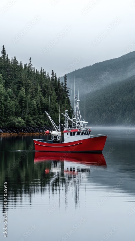 Fototapeta premium A red fishing boat peacefully drifts in the mirrored waters, enveloped by lush greenery and majestic mountains under soft morning light