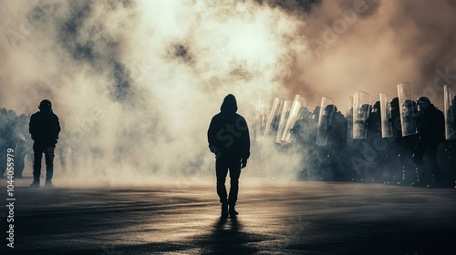 Societal unrest symbolized by a lone protester facing a line of riot police amidst billowing tear gas, photography style, photo of photo