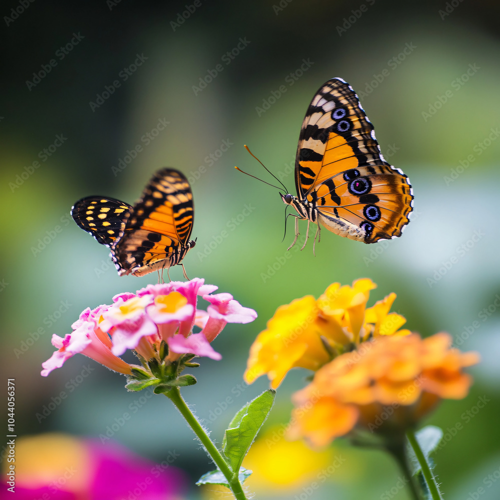 Two butterflies are flying over a flower Two butterflies are flying over a flower