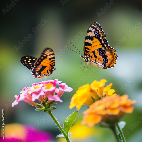 Two butterflies are flying over a flower