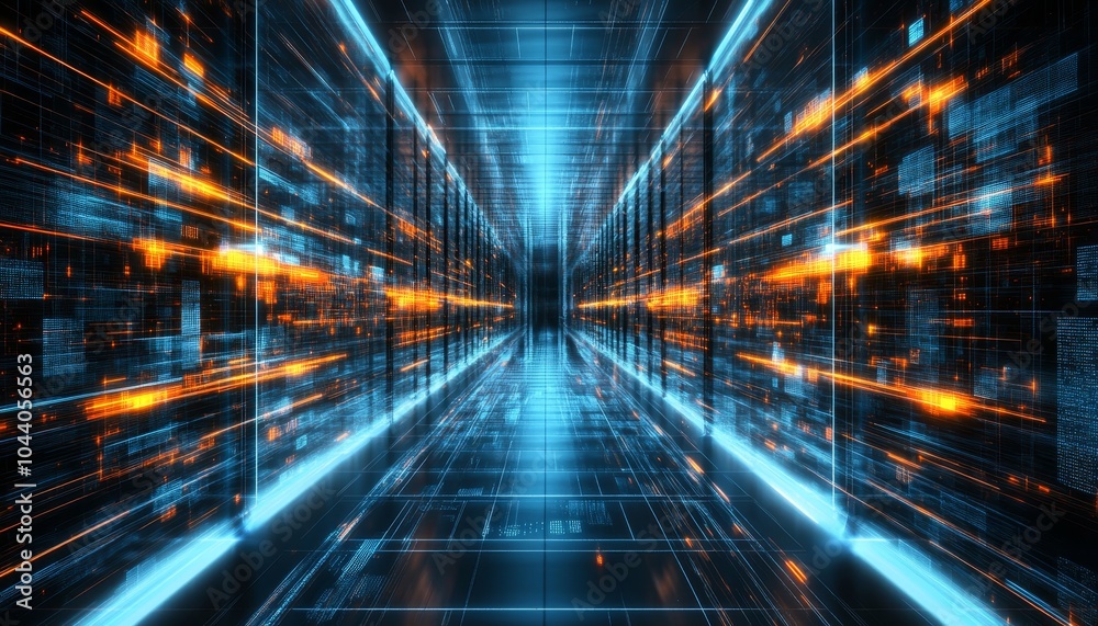 Futuristic Server Room, Perspective View With Blue And Orange Light Trails 3D. Illustration Futuristic Server Room, Perspective View With Blue And Orange Light Trails 3D. Illustration