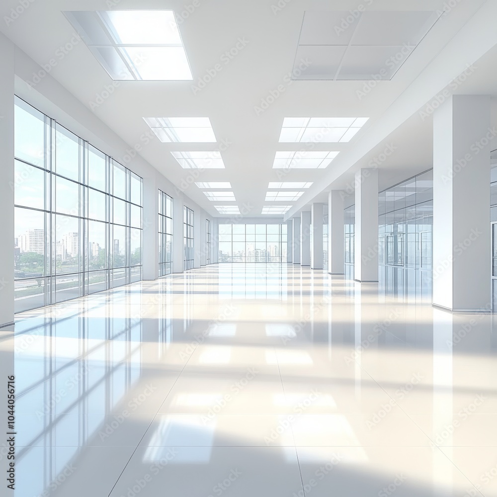 Modern Empty Office Space With Large Windows, Bright Sunlight, And White Walls And Floors. Modern Empty Office Space With Large Windows, Bright Sunlight, And White Walls And Floors.
