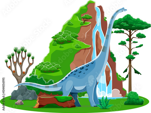 Titanosauria prehistoric dinosaur character. Isolated cartoon vector sauropod dino in lush landscape with trees, waterfall and rocks. Ancient Jurassic or Mesozoic world, natural habitat of dinosaurs