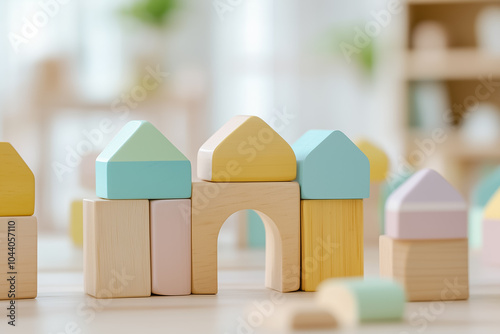 Colorful alphabet blocks are creatively stacked on a table in a bright room designed for children's playtime photo