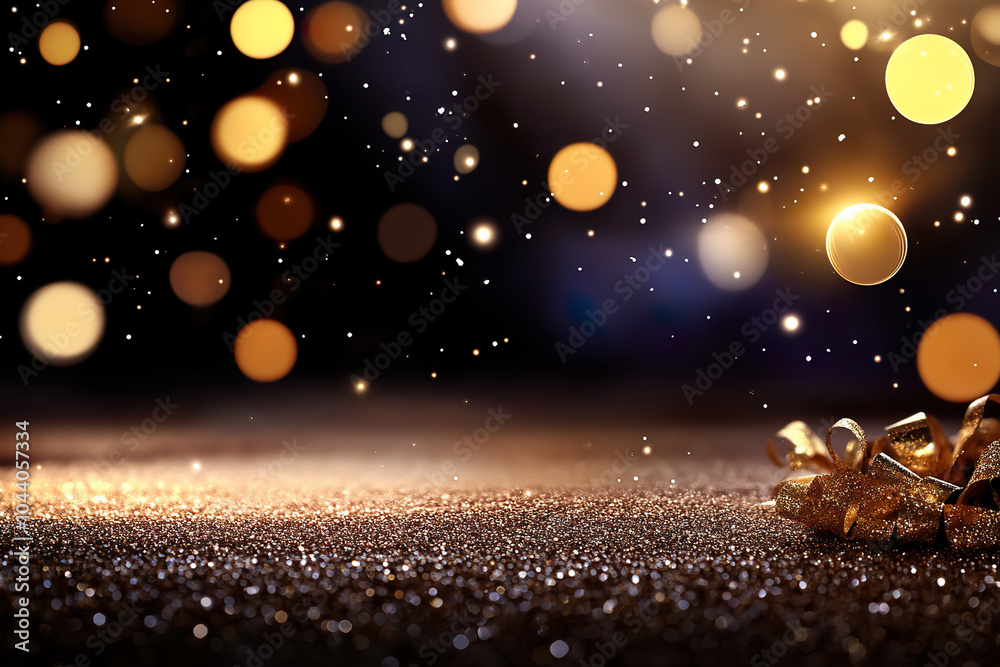 Glittery surface with golden bokeh lights and ribbon Glittery surface with golden bokeh lights and ribbon