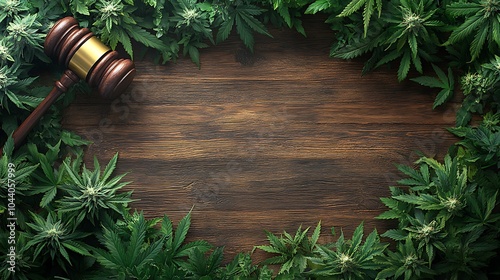 Gavel and marijuana leaves on wooden background with copy space.