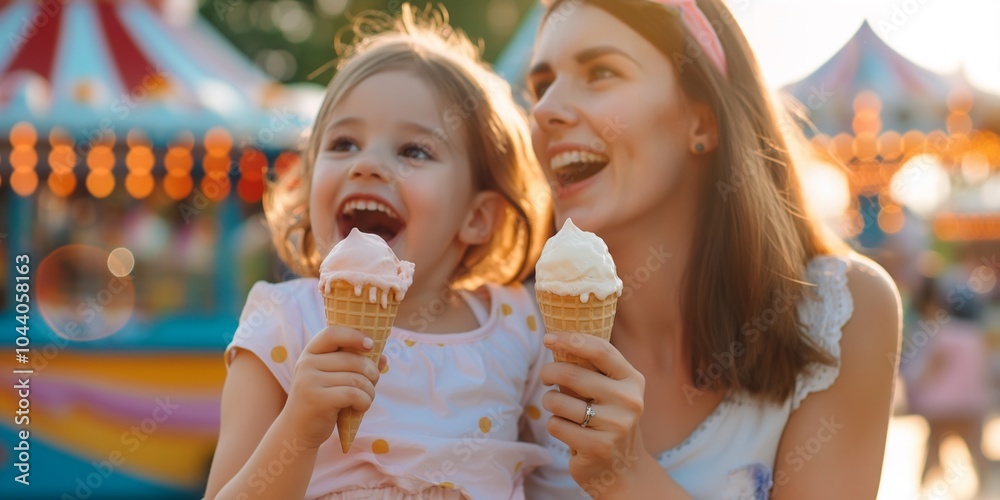 Mother and daughter eating ice cream cones in the park, happy family photo Mother and daughter eating ice cream cones in the park, happy family photo