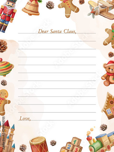 Christmas letter or wish list template to Santa Claus kids wooden toys, pine cones and gingerbread