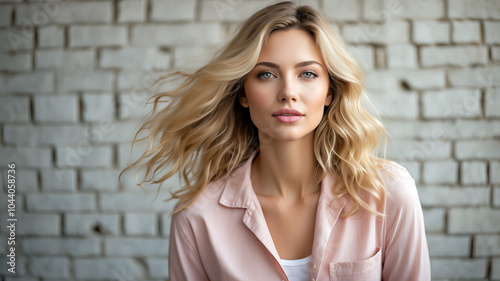 A young woman with wavy blonde hair smiling confidently, posing against a white brick wall, creating a fresh and carefree look.