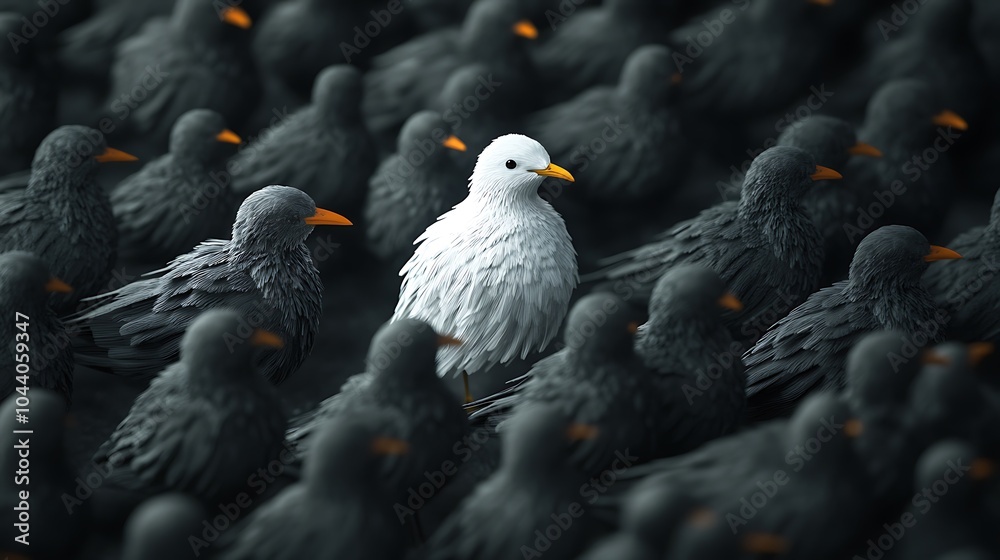 Fototapeta premium Elegant white bird standing apart from colorful group of feathered birds