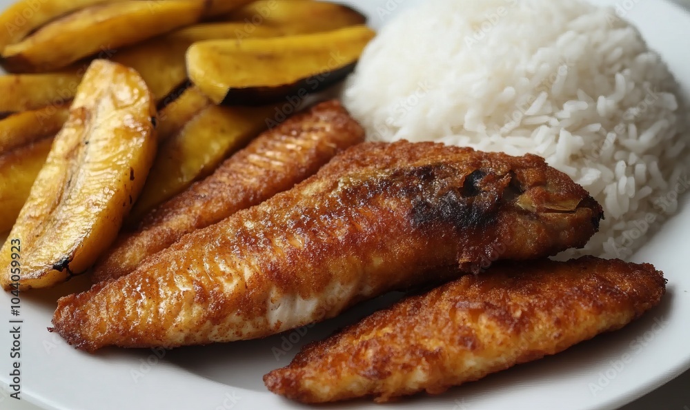 Crispy fried fish served with plantains and rice Crispy fried fish served with plantains and rice