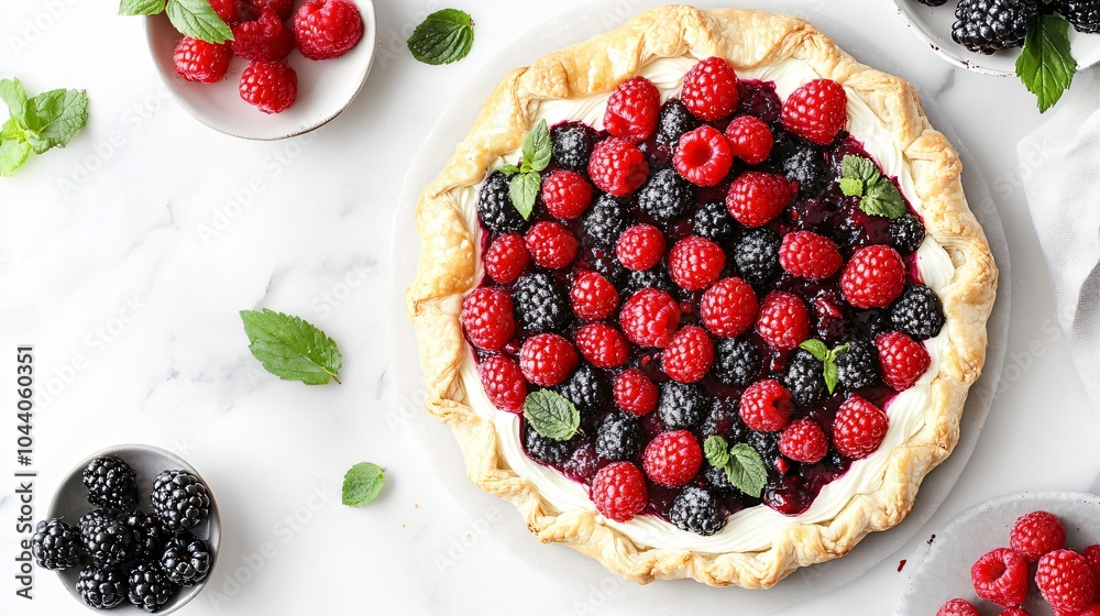 Mixed berry and vanilla cream galette, on a white marble background, garnished with raspberries, blackberries, and a drizzle of vanilla cream Mixed berry and vanilla cream galette, on a white marble background, garnished with raspberries, blackberries, and a drizzle of vanilla cream