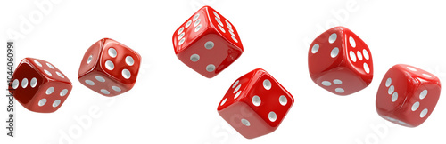 A set of red dice with white dots in mid-roll, capturing movement and chance. Ideal for game, casino, and gambling-related designs. photo