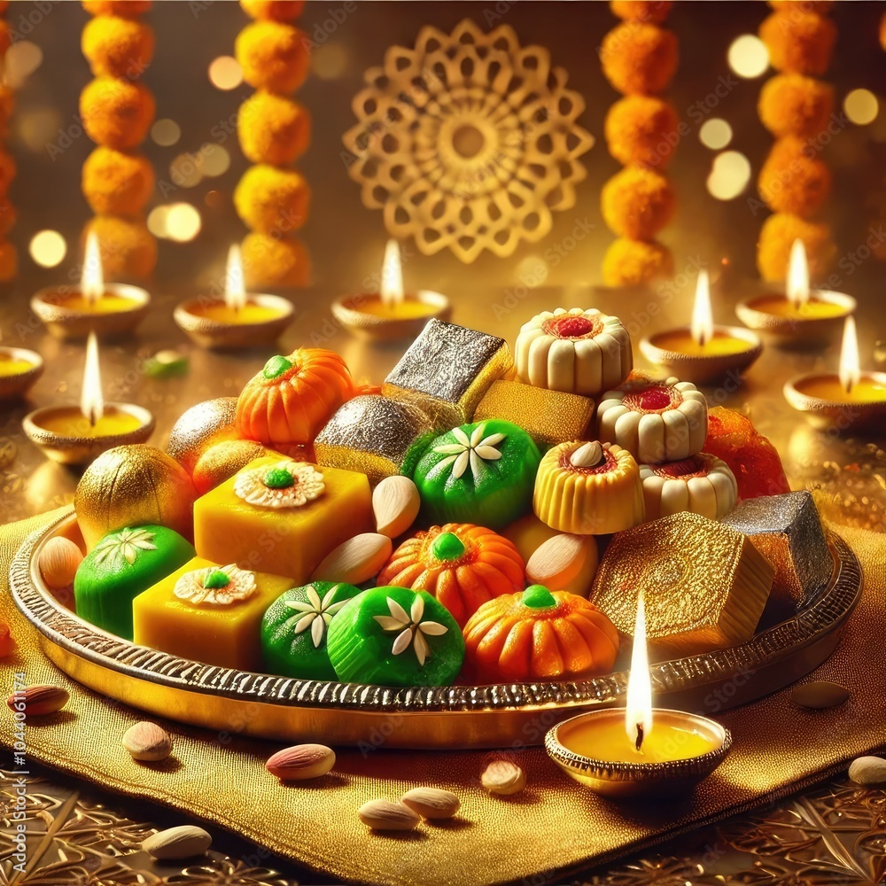 Naklejka premium Traditional Mithai sweets for Diwali celebration, featuring festive symbols in India and Fiji 