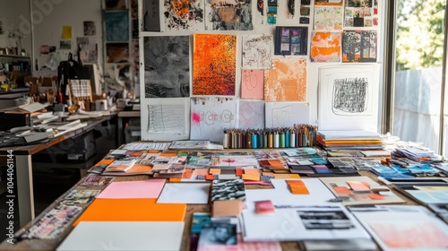 Creative workspace with mood boards, color swatches, and design sketches spread out.