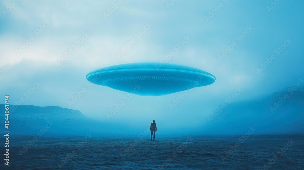 A lone figure stands in a fog-covered landscape as a mysterious UFO hovers above, creating an otherworldly cinematic atmosphere at twilight A lone figure stands in a fog-covered landscape as a mysterious UFO hovers above, creating an otherworldly cinematic atmosphere at twilight