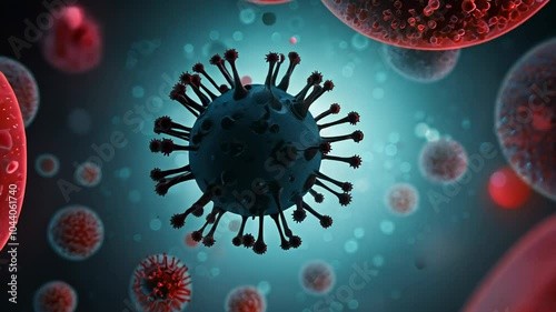 Virus particle highlighted in a blue background with red highlights. video