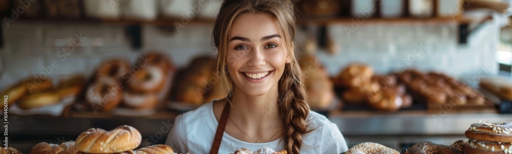 Smiling woman holding a tray of doughnuts in front of a bakery, banner, copy space Smiling woman holding a tray of doughnuts in front of a bakery, banner, copy space