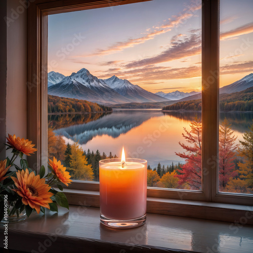 A photo of a beautiful sunrise with a lit candle on a windowsill. The candle is in a glass container. The background contains a serene auturmn landscape with mountains, trees, and a calm lake. photo