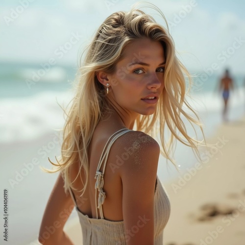 A blond woman in a swimsuit gazes back while standing near the shoreline. Gentle sea waves lap at her feet under a clear blue sky. Long hair, beautiful young face. Travel and clothing adverts. AI