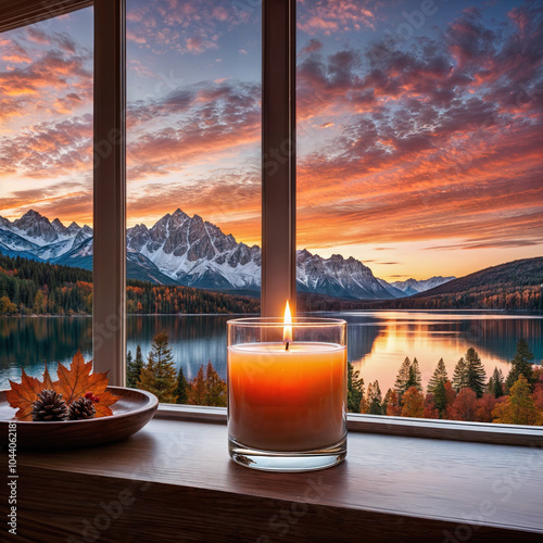 A photo of a beautiful sunrise with a lit candle on a windowsill. The candle is in a glass container. The background contains a serene auturmn landscape with mountains, trees, and a calm lake. photo