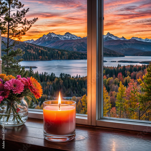 A photo of a beautiful sunrise with a lit candle on a windowsill. The candle is in a glass container. The background contains a serene auturmn landscape with mountains, trees, and a calm lake. photo