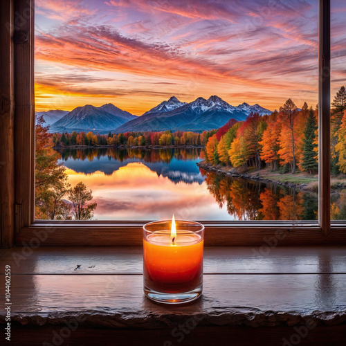 A photo of a beautiful sunrise with a lit candle on a windowsill. The candle is in a glass container. The background contains a serene auturmn landscape with mountains, trees, and a calm lake. photo