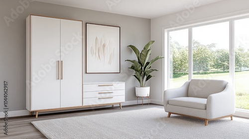 A tall, white wood wardrobe complements a serene room filled with natural light and modern furnishings, inviting a peaceful atmosphere