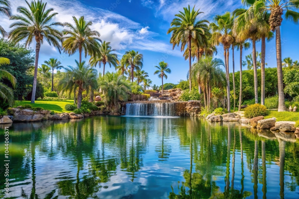 Scenic pond with palm trees and waterfall in the background Scenic pond with palm trees and waterfall in the background