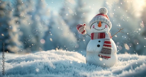 Smiling Snowman Wearing Knitted Hat and Scarf in Snowy Winter Landscape