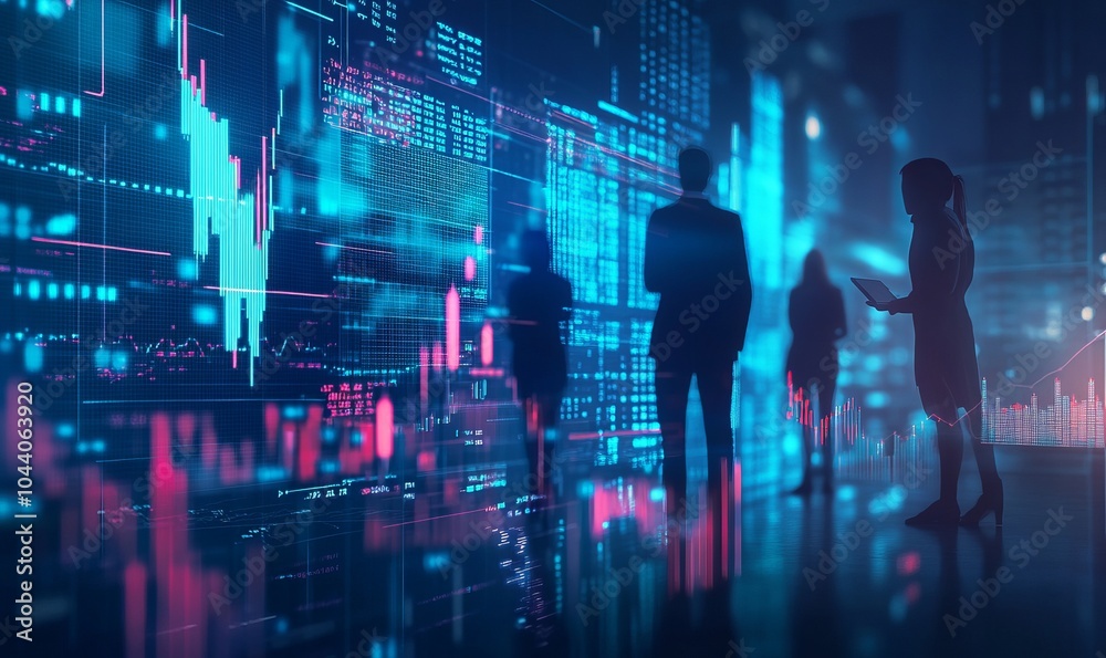 Futuristic technology concept. Team of artificial intelligence software engineers and finance workers in financial stock market that is digitalized with graphics into digital twin of finance Industry Futuristic technology concept. Team of artificial intelligence software engineers and finance workers in financial stock market that is digitalized with graphics into digital twin of finance Industry