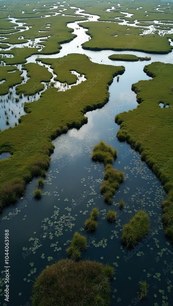 Tranquil marshland with winding streams and vibrant greenery Tranquil marshland with winding streams and vibrant greenery