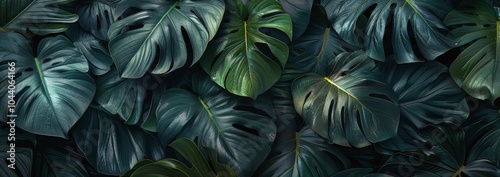Lush Green Monstera Leaves Close Up, Tropical Foliage Background