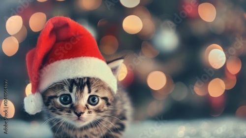 Kitten In Santa Hat Near Christmas Lights
