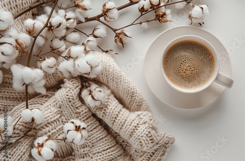 Cozy Autumn Morning With a Cup of Coffee and Cotton Branch