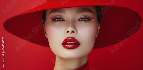 Close Up Portrait of a Woman Wearing a Red Hat and Red Lipstick