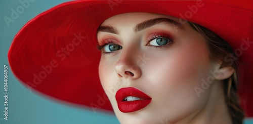 Close Up Portrait of a Woman Wearing a Red Hat and Red Lipstick