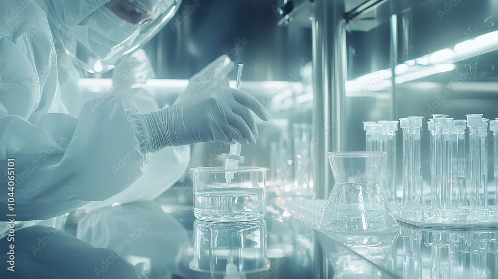 Scientist handling sterile vials in laboratory Scientist handling sterile vials in laboratory
